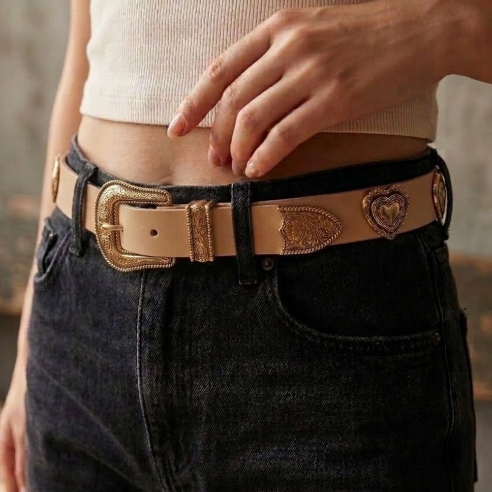 Womens Western Heart Buckle Belt Tan Vegan Leather Gold Tone Embellished Concho